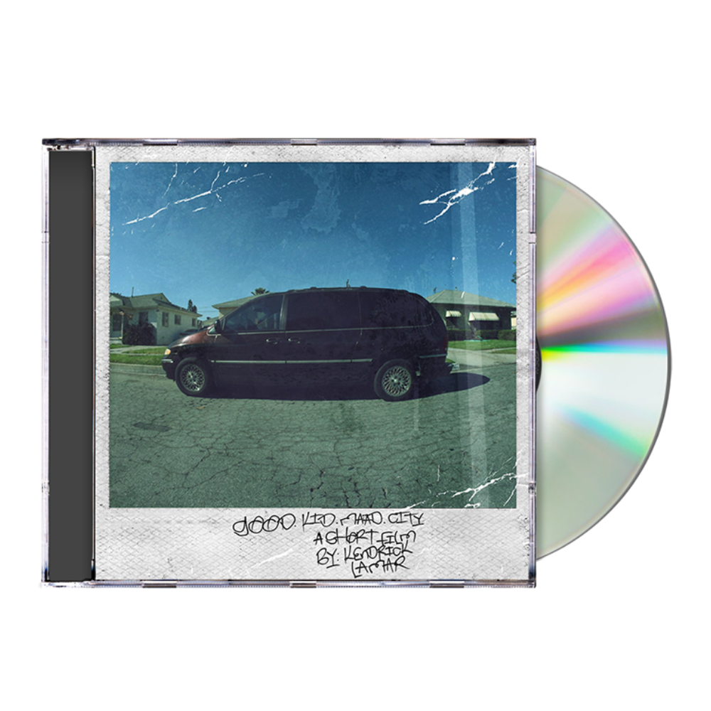 A low-angle, fisheye lens photograph of a white 1996 Chrysler Town & Country minivan parked on a residential street in Compton, cover art of good kid, m.A.A.d city