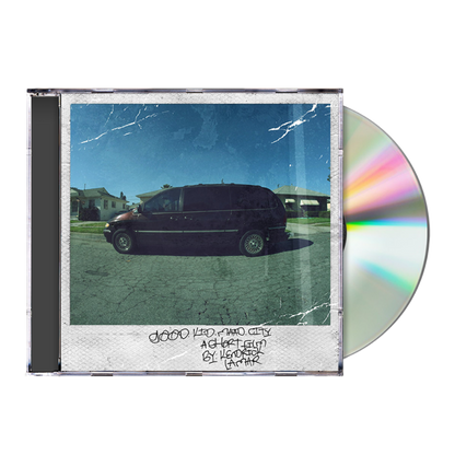 A low-angle, fisheye lens photograph of a white 1996 Chrysler Town & Country minivan parked on a residential street in Compton, cover art of good kid, m.A.A.d city