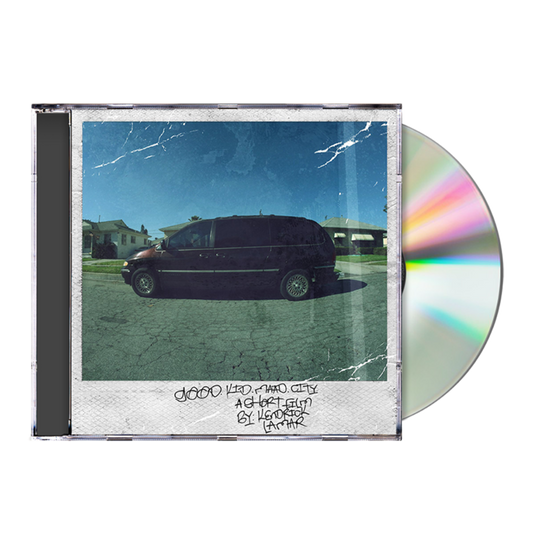 A low-angle, fisheye lens photograph of a white 1996 Chrysler Town & Country minivan parked on a residential street in Compton, cover art of good kid, m.A.A.d city