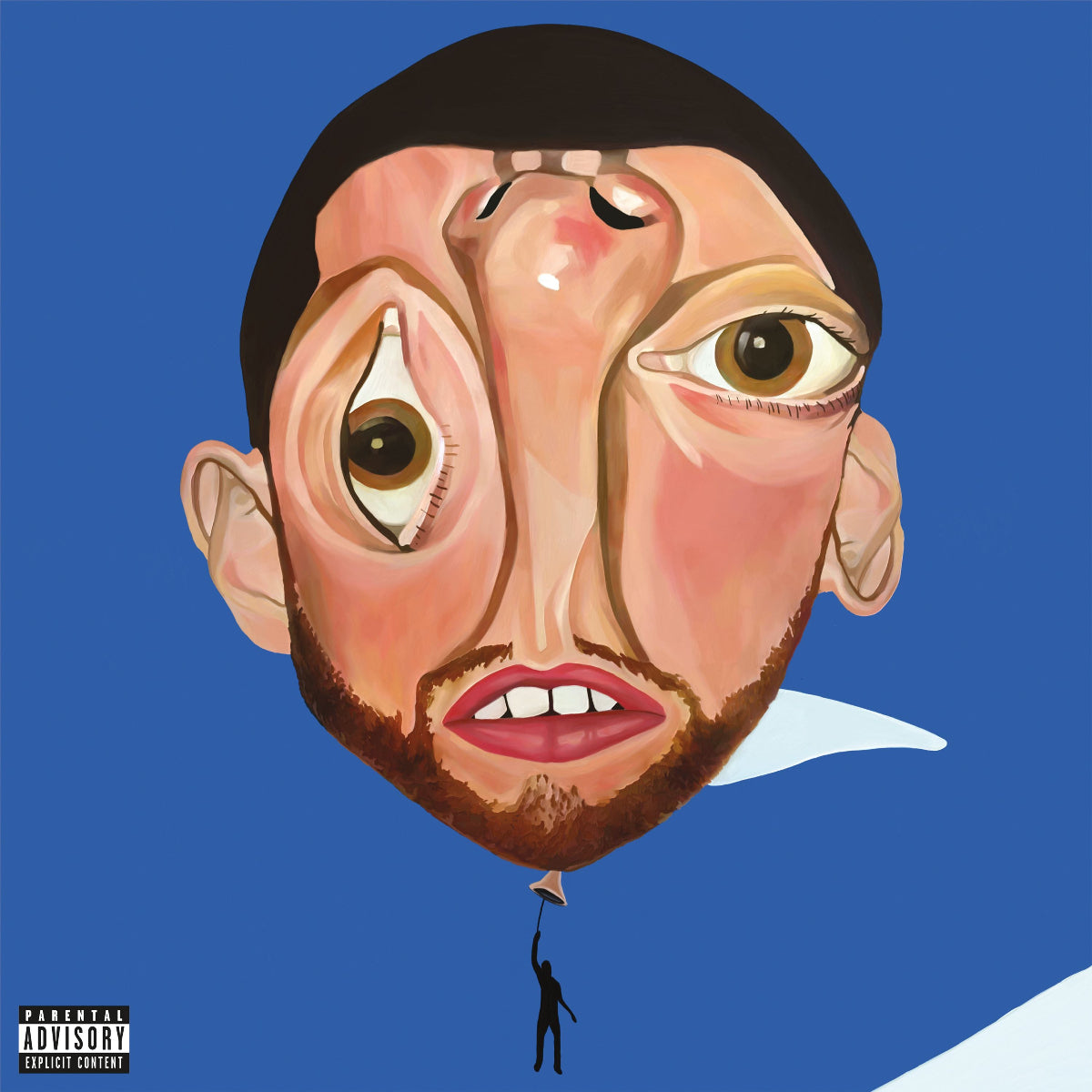 Cartoon-like illustration of Mac Miller's face on a balloon against a blue background