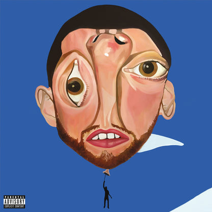 Cartoon-like illustration of Mac Miller's face on a balloon against a blue background
