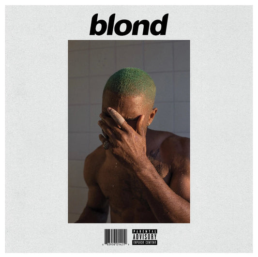 Album cover for 'blond' featuring frank ocean with green hair in a bathroom.