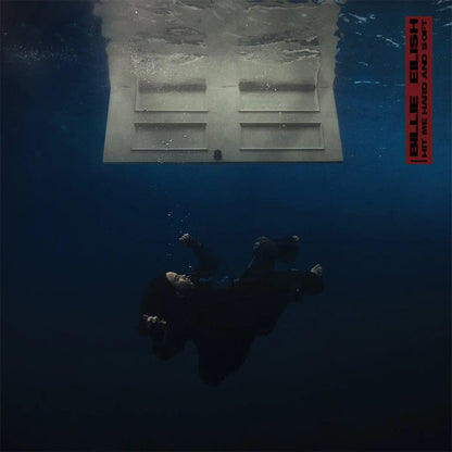 Album cover with billie eilish underwater looking up at a door, with a red label on the top right corner.